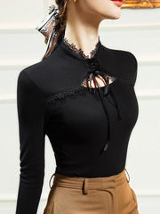 Bow-Embellished Flower Shape Hollow Solid Color Split-Joint Tied Flared Sleeves Long Sleeves Half Turtleneck Blouses&Shirts Tops