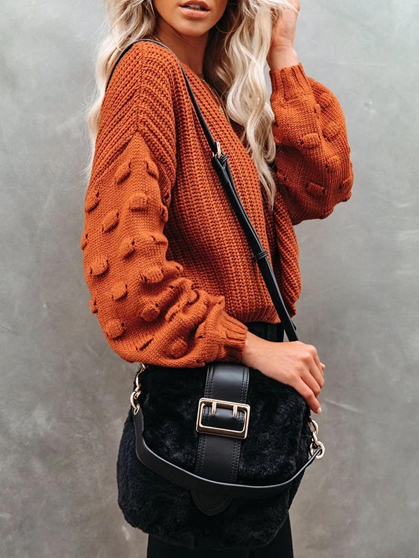 Hollow Solid Color Long Sleeves Loose Round-Neck Sweater Tops Pullovers Knitwear