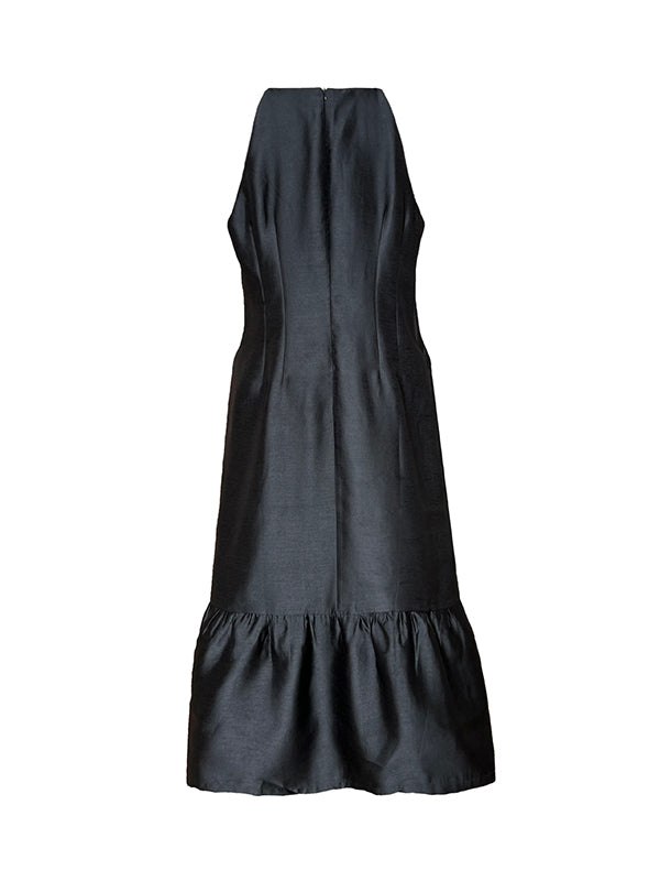 Pleated Solid Color Split-Joint Loose Sleeveless Round-Neck Maxi Dresses