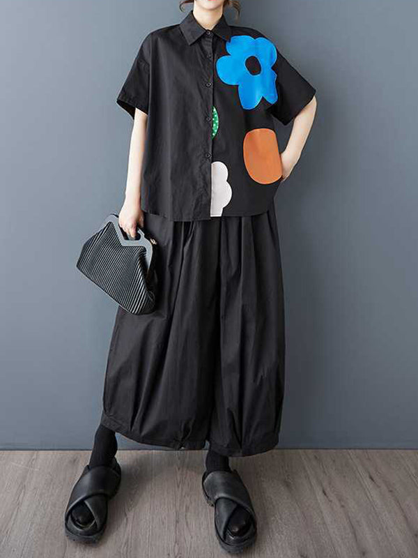 Buttoned Flower Print Loose Short Sleeves Lapel Blouses&Shirts Tops