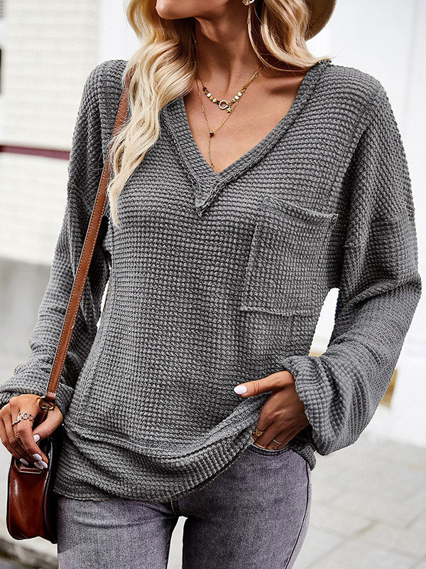 Elasticity Pockets Solid Color Split-Joint Long Sleeves Loose V-Neck T-Shirts Tops