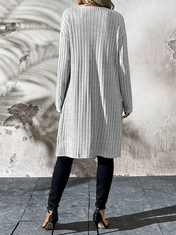 Pockets Solid Color Split-Joint Long Sleeves Loose Collarless Cardigan Tops