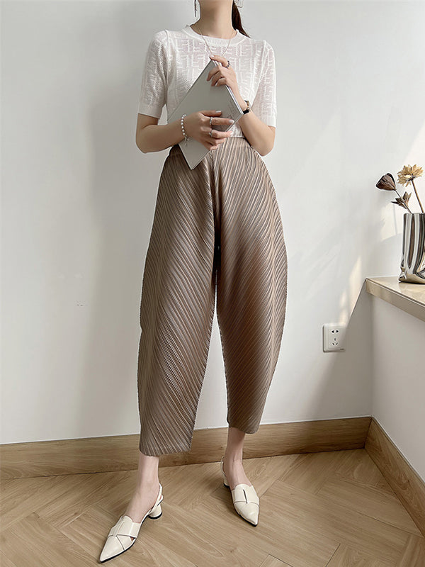 Elasticity Pleated Solid Color Split-Joint Harem Pants High Waisted Trousers Pants Ninth Pants