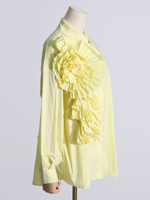 Asymmetric Buttoned Pleated Solid Color Split-Joint Three-Dimensional Flower Long Sleeves Loose Lapel Blouses&Shirts Tops