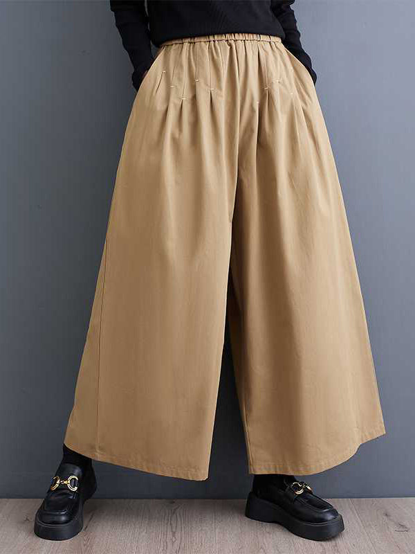 Elasticity Embroidered Pleated Loose Wide Leg Trousers Ninth Pants