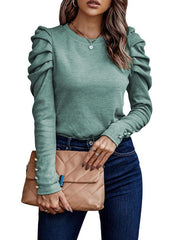 Buttoned Pleated Bishop Sleeve Long Sleeves Round-neck T-Shirts Tops