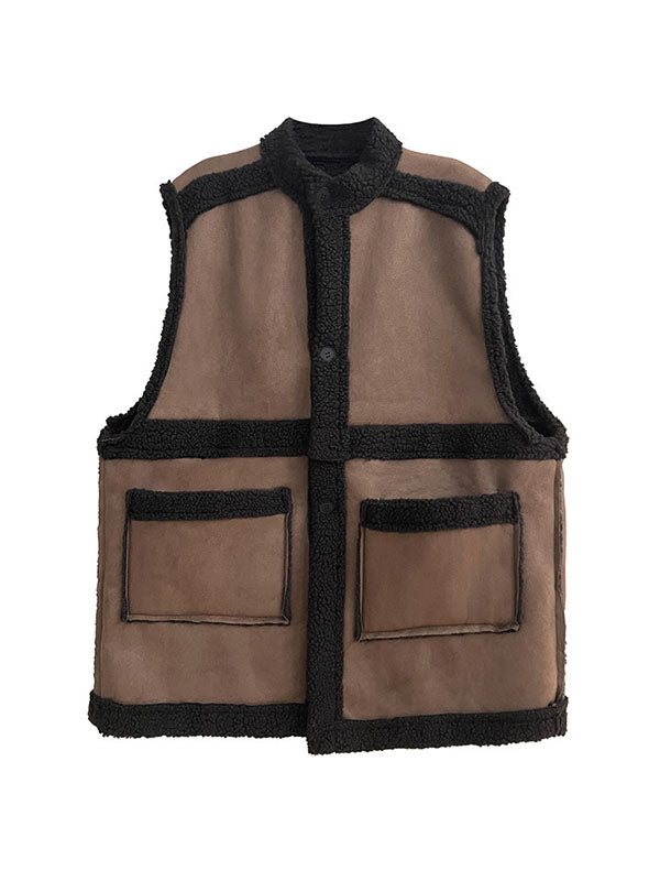 Buttoned Contrast Color Pockets Reversible Velvet Loose Sleeveless Stand Collar Vest Outerwear