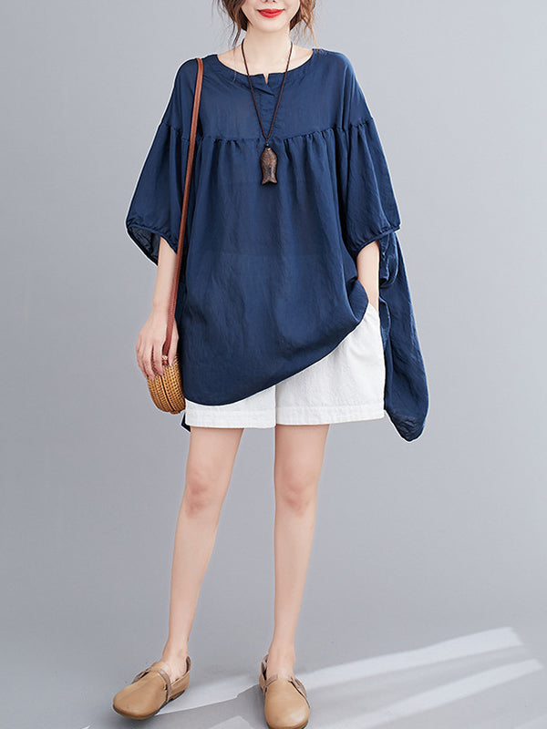 Pleated See-Through Solid Color Half Sleeves Loose Round-neck Blouses&shirts Tops