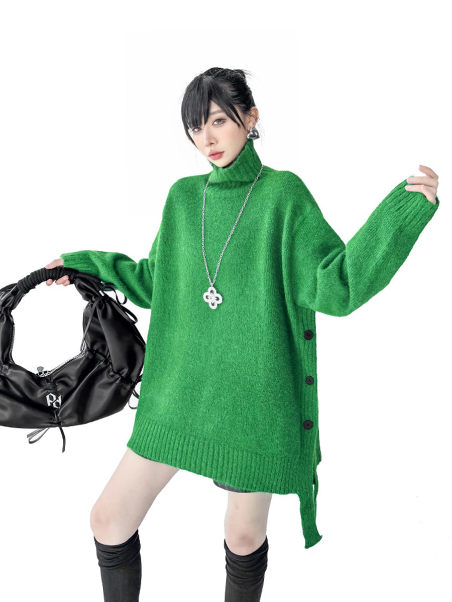 Buttoned Ribs Solid Color Split-Joint Irregularity Long Sleeves High Neck Sweater Tops