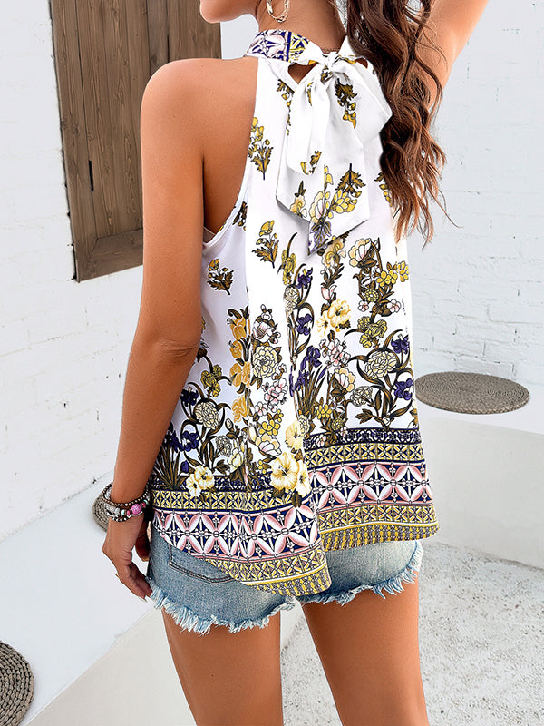 Flower Print Split-Joint Tied A-Line Loose Mock Neck Vest Top