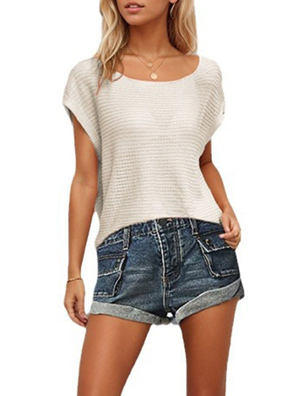 Solid Color Loose Raglan Sleeve Round-neck Pullovers Knitwear