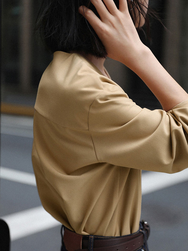 Buttoned Solid Color False Two Long Sleeves V-Neck Blouses&Shirts Tops