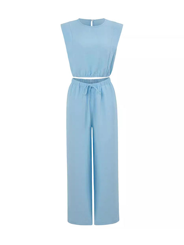 Round-Neck Loose Solid Color Split-Joint Vest Top + Drawstring Elasticity High Waisted Pants Bottom Two Pieces Set