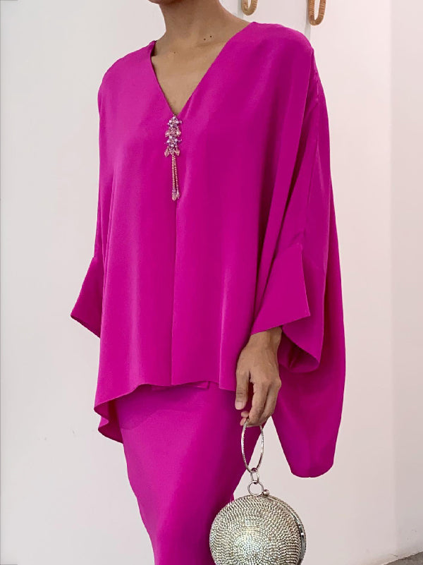 V-Neck Batwing Sleeves Loose Rhine Stones Tasseled Shirts Top + Skirts Bottom Two Pieces Set