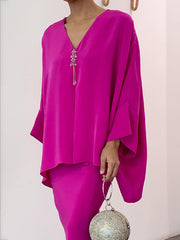 V-Neck Batwing Sleeves Loose Rhine Stones Tasseled Shirts Top + Skirts Bottom Two Pieces Set