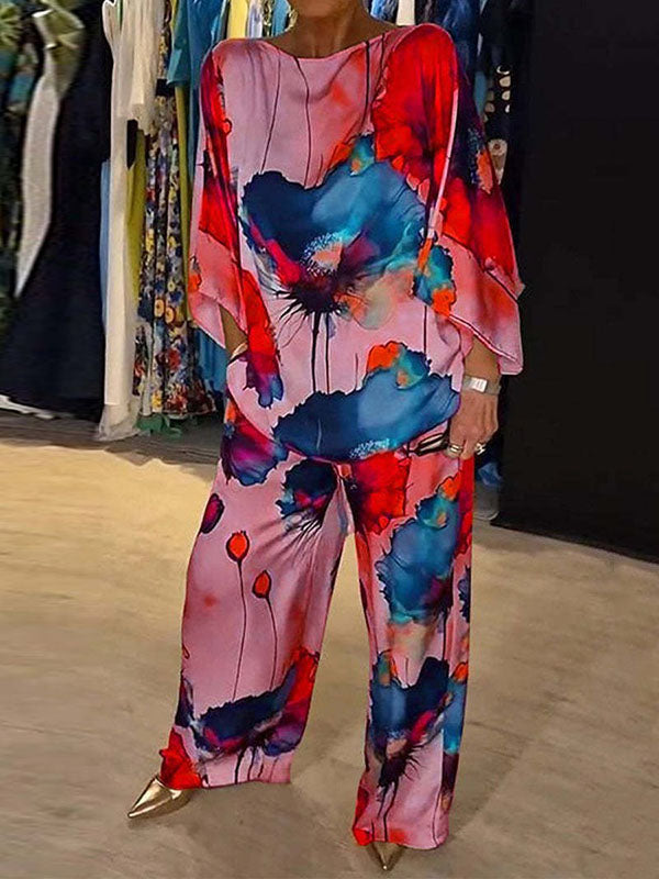 Printed Split-Joint Batwing Sleeves Loose Round-neck Blouses&shirts Tops