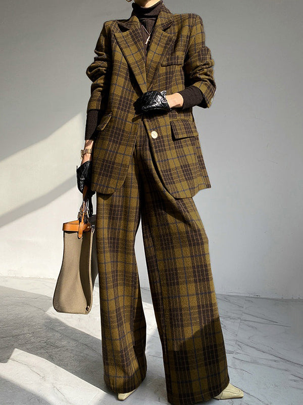 Plaid Split-Joint Lapel Woolen Coat Jackets