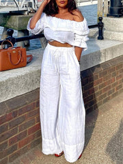 Elasticity Solid Color Split-Joint Half Sleeves Loose Off-The-Shoulder Blouses&Shirts Tops