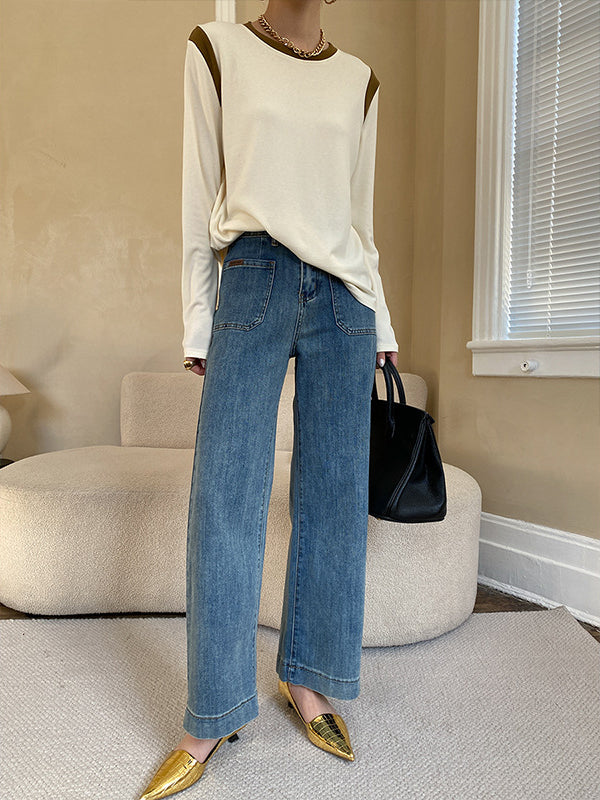 Casual High Waisted Wide Leg Solid Color Jean Pants Bottoms
