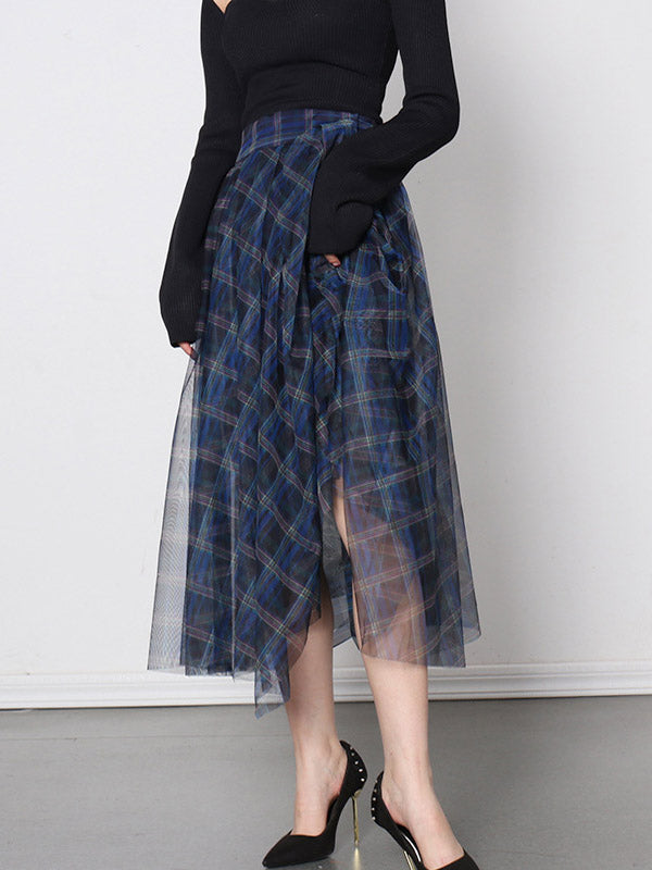 Buttoned Mesh Plaid A-Line High Waisted Skirts Bottoms