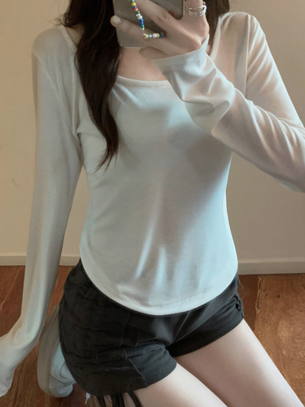 Solid Color Long Sleeves Skinny Square-Neck T-Shirts Tops