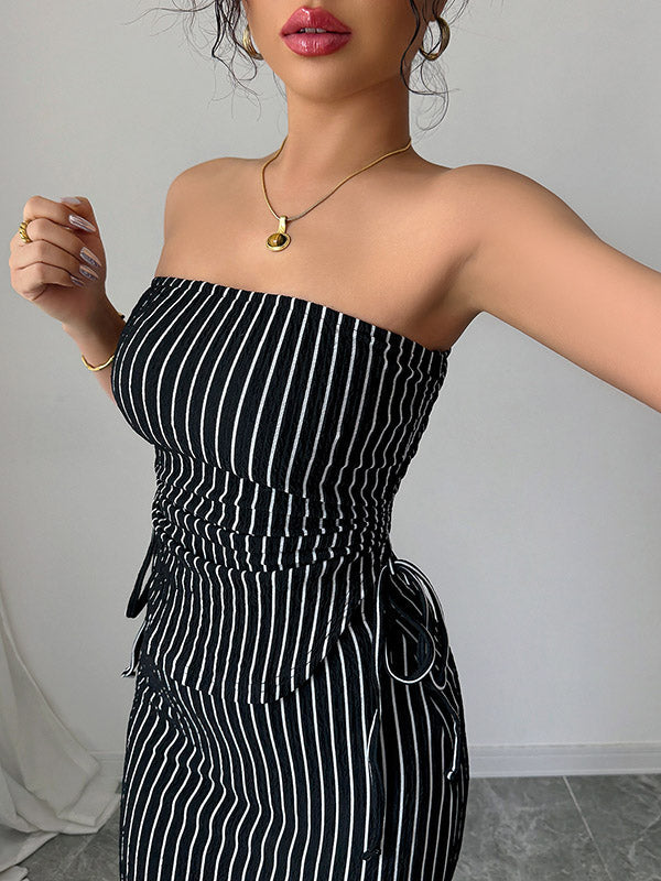 Contrast Color Sleeveless Striped Tube Top + Split-Side Drawstring Bodycon Skirts Bottom Two Pieces Set
