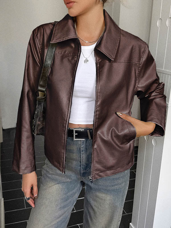 Pockets Solid Color Zipper Long Sleeves Lapel Overcoat Jackets