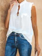 Pleated Solid Color Loose Sleeveless Stand Collar Vest Top