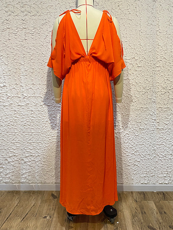 Solid Color Split-front Batwing Sleeves Loose Deep V-Neck Maxi Dresses