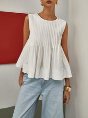 Pleated Solid Color Split-Joint Zipper Loose Sleeveless Round-neck Vest Top