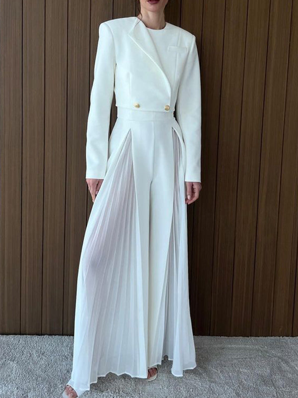 Round-Neck Long Sleeves Buttoned Solid Color Split-Joint Blazers Top +Zipper  Wide Leg Mesh Pleated Pants bottom Two Pieces Set