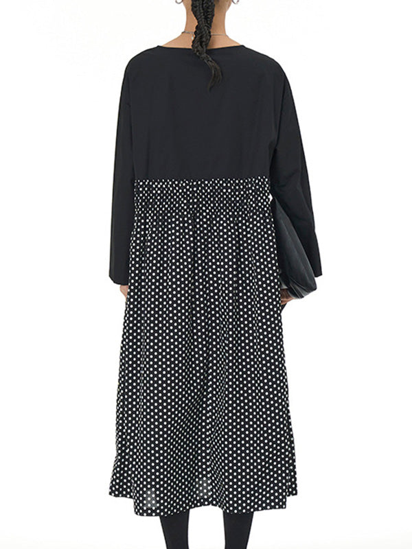 Contrast Color Elasticity Pleated Polka-Dot Split-Joint Long Sleeves Loose Round-Neck Midi Dresses