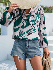 Elasticity Printed Tied Bishop Sleeve Long Sleeves V-Neck Blouses&Shirts Tops