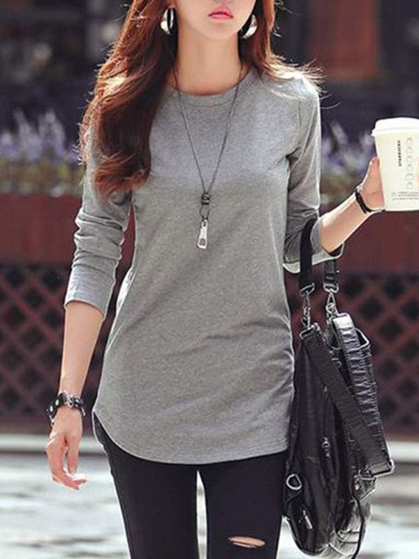 Solid Color Long Sleeves Round-Neck T-Shirts Tops
