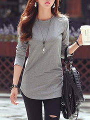 Solid Color Long Sleeves Round-Neck T-Shirts Tops