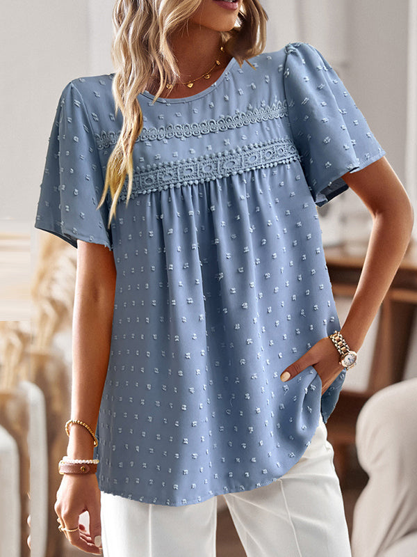 Hollow Jacquard Pleated Solid Color Split-Joint Loose Short Sleeves Round-Neck T-Shirts Tops
