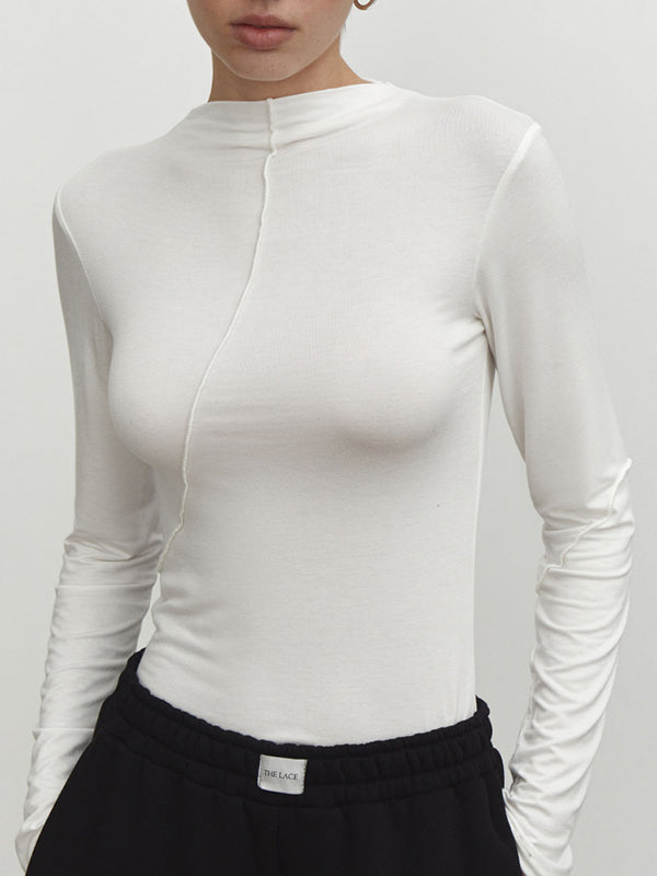 Asymmetric Solid Color Long Sleeves Skinny Mock Neck T-Shirts Tops