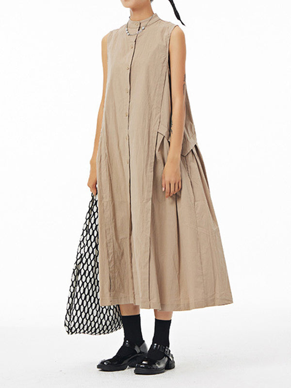 Pleated Solid Color Loose Sleeveless Stand Collar Shirt Dress Midi Dresses