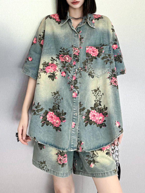 Elasticity Floral Printed Split-Joint Loose Wide Leg Shorts Bottoms