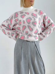 Leopard Long Sleeves Loose Mock Neck Sweater Tops Pullovers