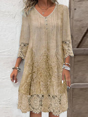 Flower-Embellished Buttoned Contrast Color Split-Joint A-Line Long Sleeves V-Neck Midi Dresses