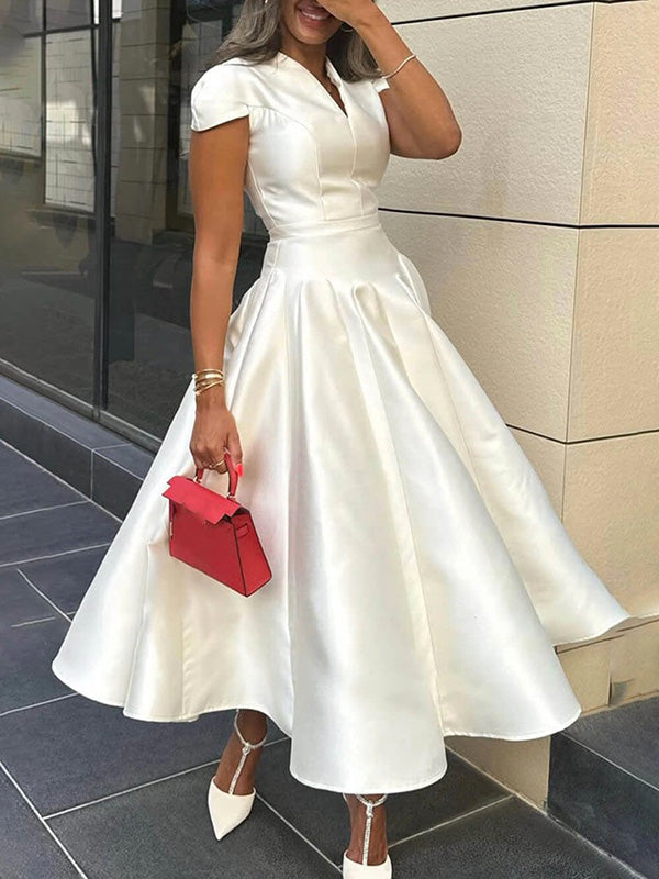Short Sleeves Solid Color V-Neck Midi Dresses
