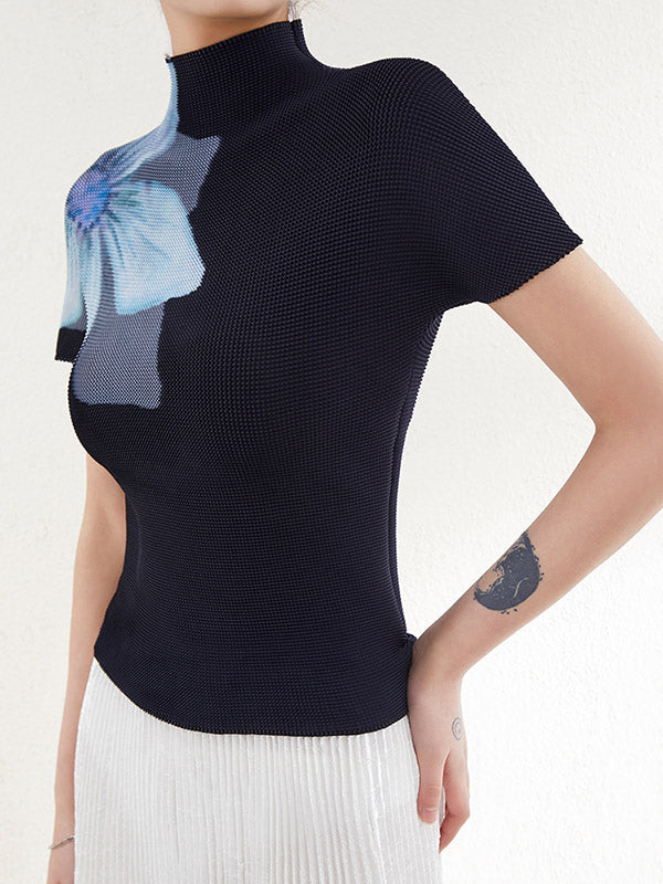 Flower Print Pleated Short Sleeves Mock Neck T-Shirts Tops