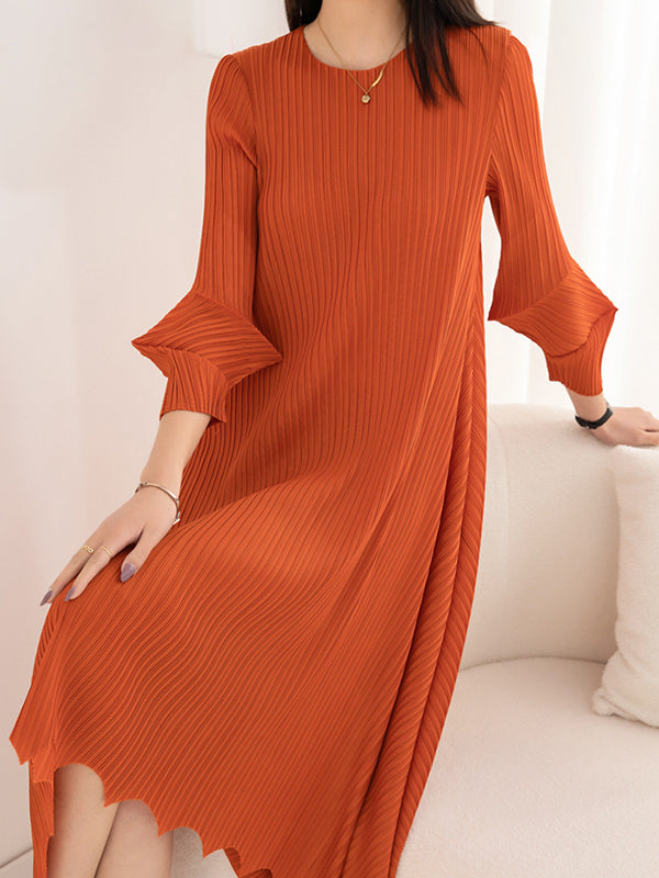 Pleated Solid Color Irregular clipping Loose Round-neck Midi Dresses
