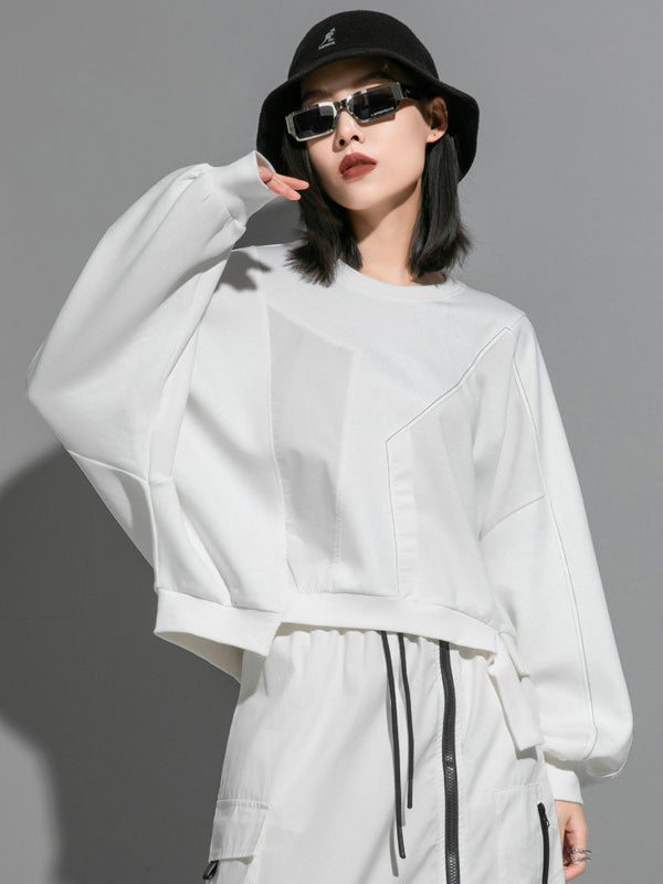 Batwing Sleeves Irregularity Solid Color Round-Neck Sweatshirt Tops