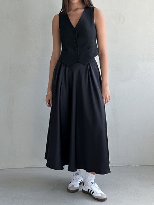 Elasticity Pleated Solid Color A-line High Waisted Skirts