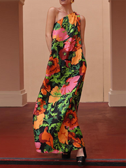 Contrast Color Flower Print Loose Sleeveless One-Shoulder Maxi Dresses