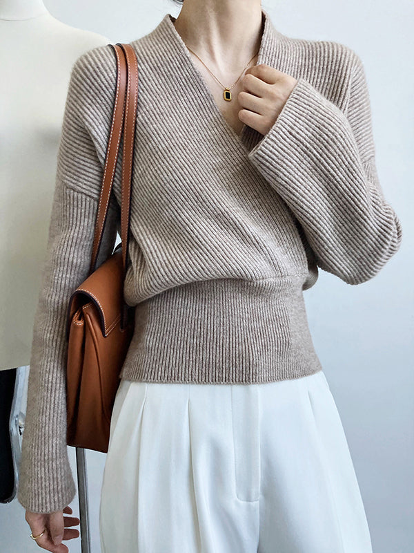 Casual Long Sleeves Loose Solid Color Cross V-Neck Sweater Tops