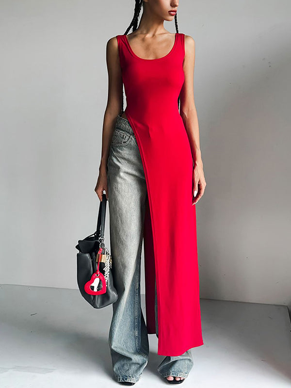 Asymmetric Solid Color Split-side Skinny Sleeveless Square-neck Tank Top