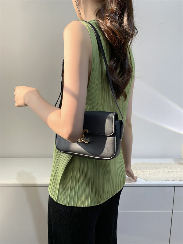Pleated Solid Color Split-Joint Loose Sleeveless Square-Neck Vest Top